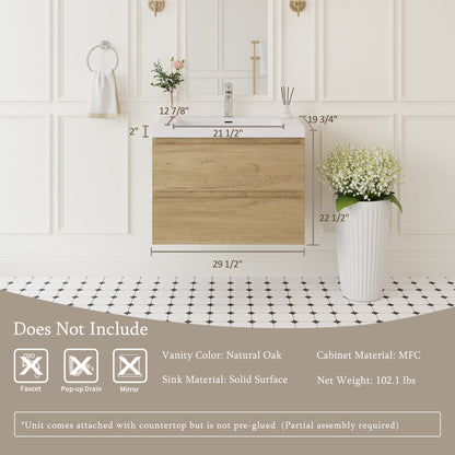 30" Angela - Floating Bathroom Vanity Natural Oak V11-30NO