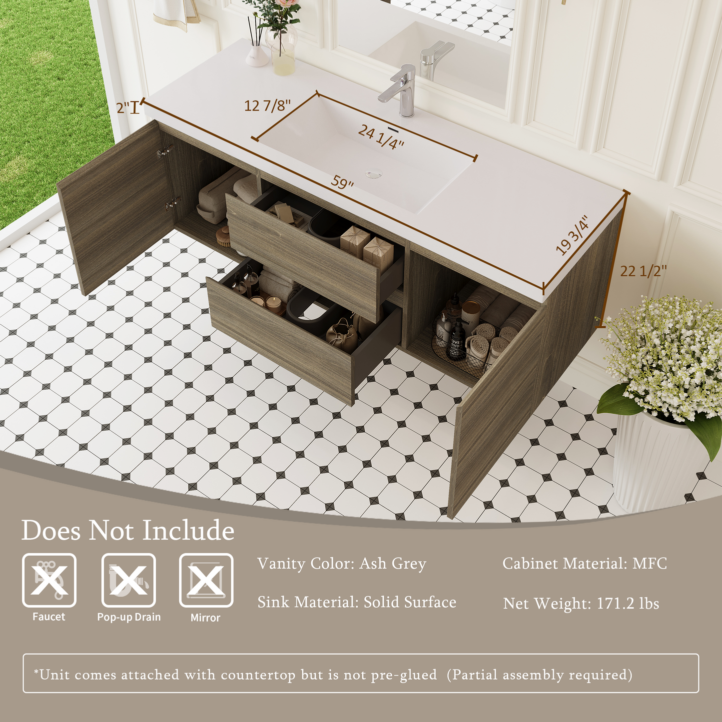 60" Angela - Floating Bathroom Vanity Single Sink Ash Grey V11-60SAG