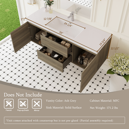 60" Angela - Floating Bathroom Vanity Single Sink Ash Grey V11-60SAG