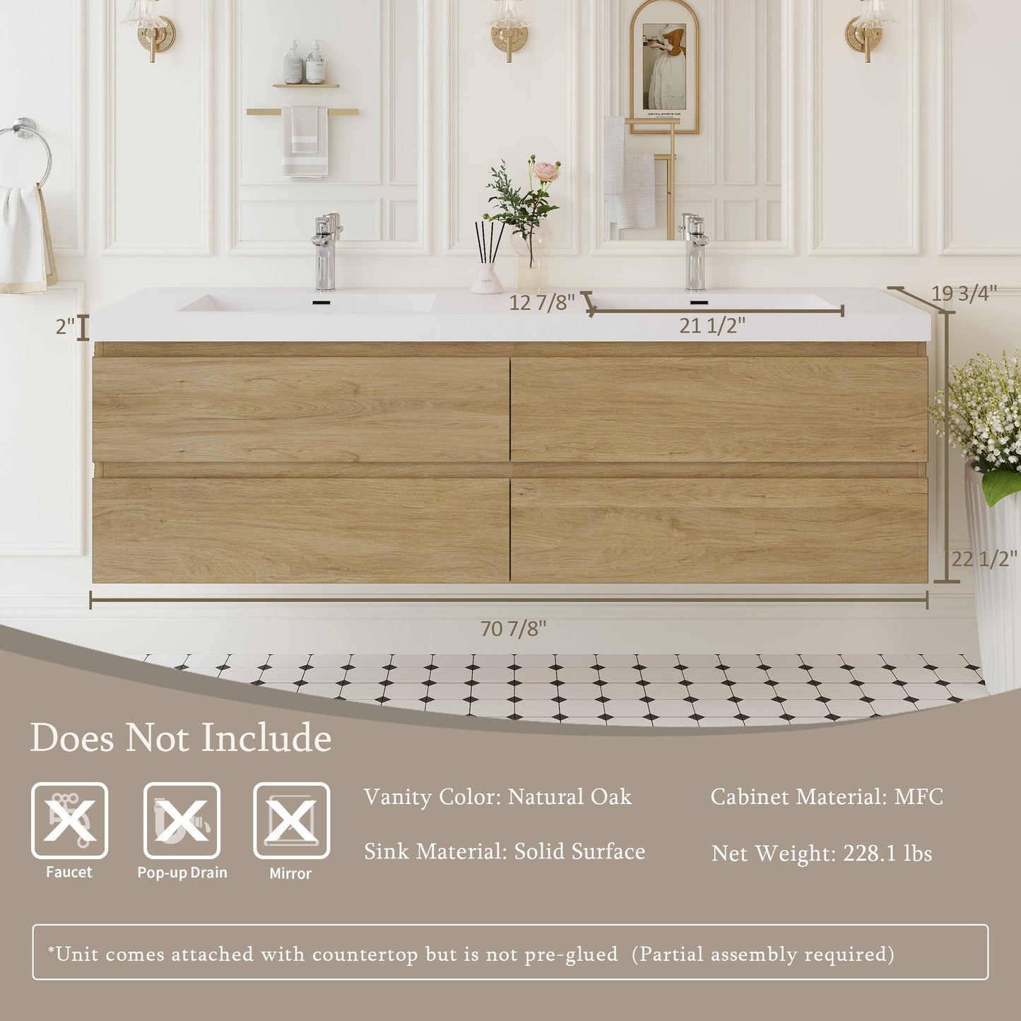 72" Angela - Floating Bathroom Vanity Double Sink Natural Oak V11-72NO