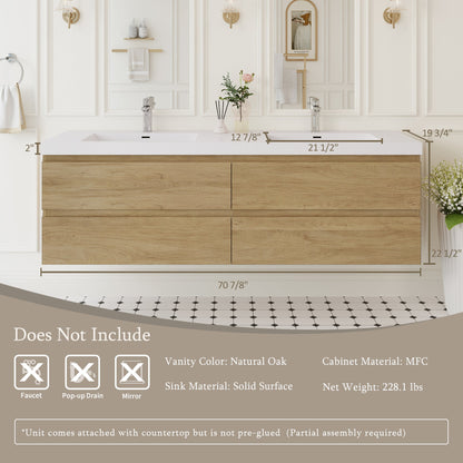 72" Angela - Floating Bathroom Vanity Double Sink Natural Oak V11-72NO