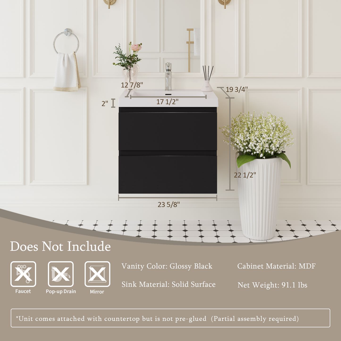 24" Angela - Floating Bathroom Vanity Glossy Black