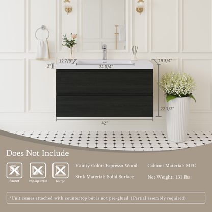 42" Angela - Floating Bathroom Vanity Espresso Wood V11-42EW
