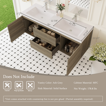 60" Angela - Floating Bathroom Vanity Double Sink Ash Grey V11-60DAG