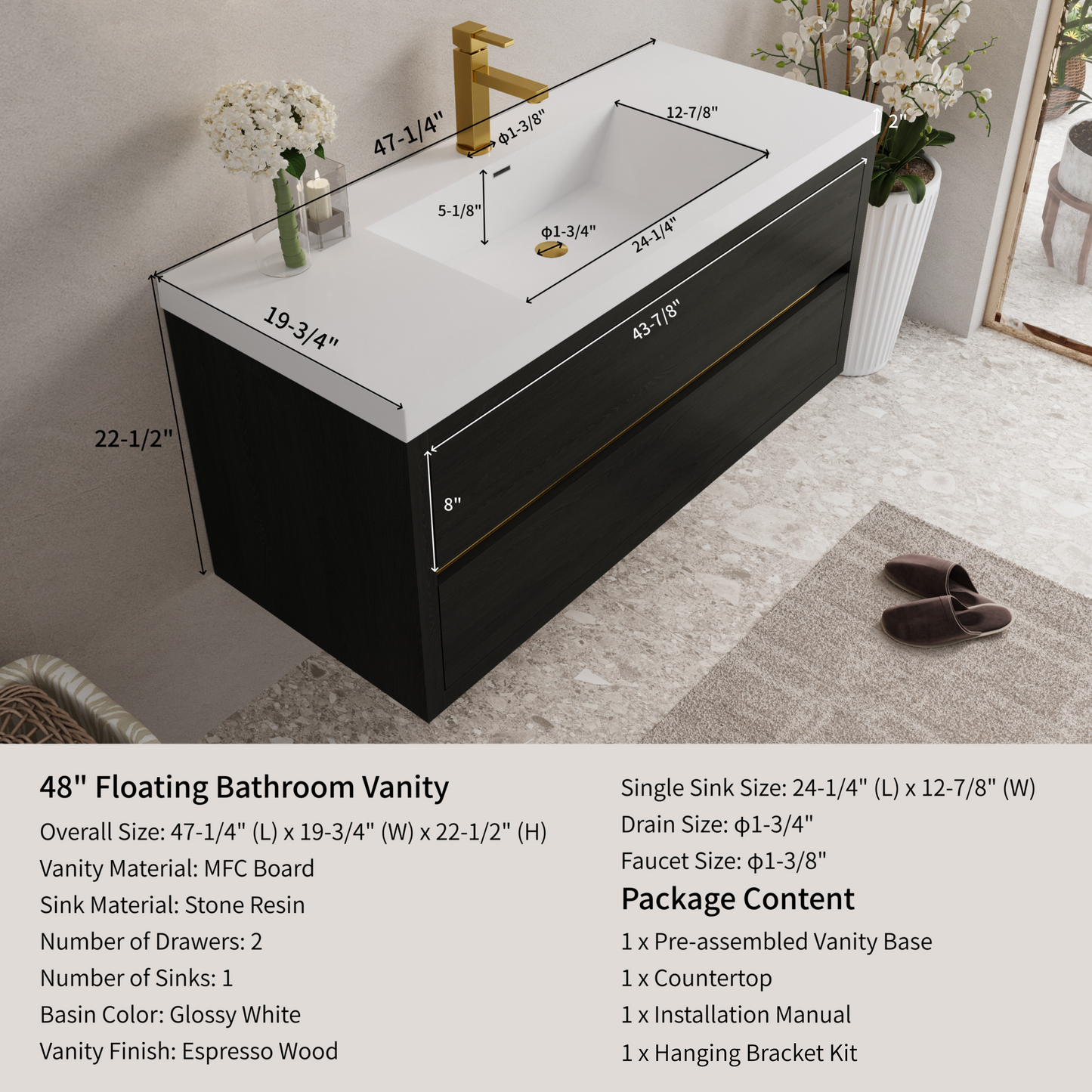 48" Aurelia - Floating Bathroom Vanity, Espresso Wood V15-48EW