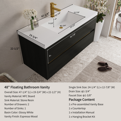 48" Aurelia - Floating Bathroom Vanity, Espresso Wood V15-48EW