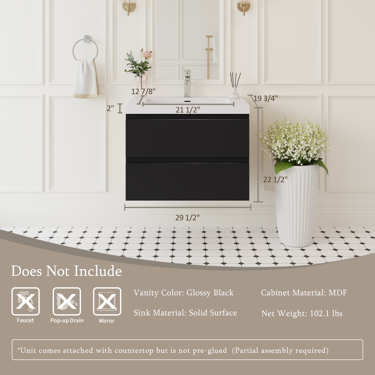 30" Angela - Floating Bathroom Vanity Glossy Black V11-30GB