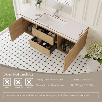 60" Angela - Floating Bathroom Vanity Single Sink Natural Oak V11-60SNO
