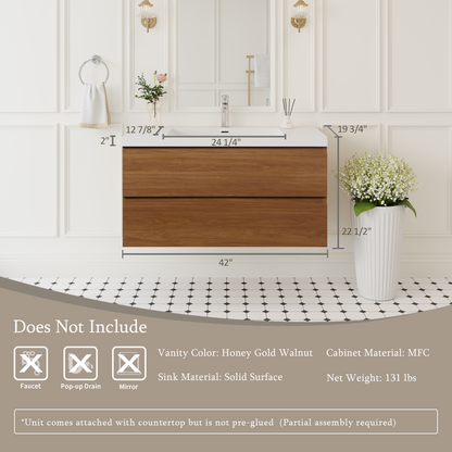 42" Angela - Floating Bathroom Vanity Honey Gold Walnut V11-42WN