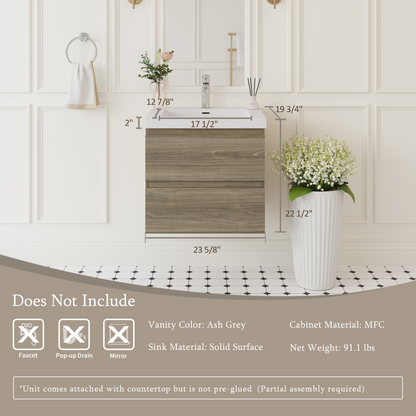 24" Angela - Floating Bathroom Vanity Ash Grey