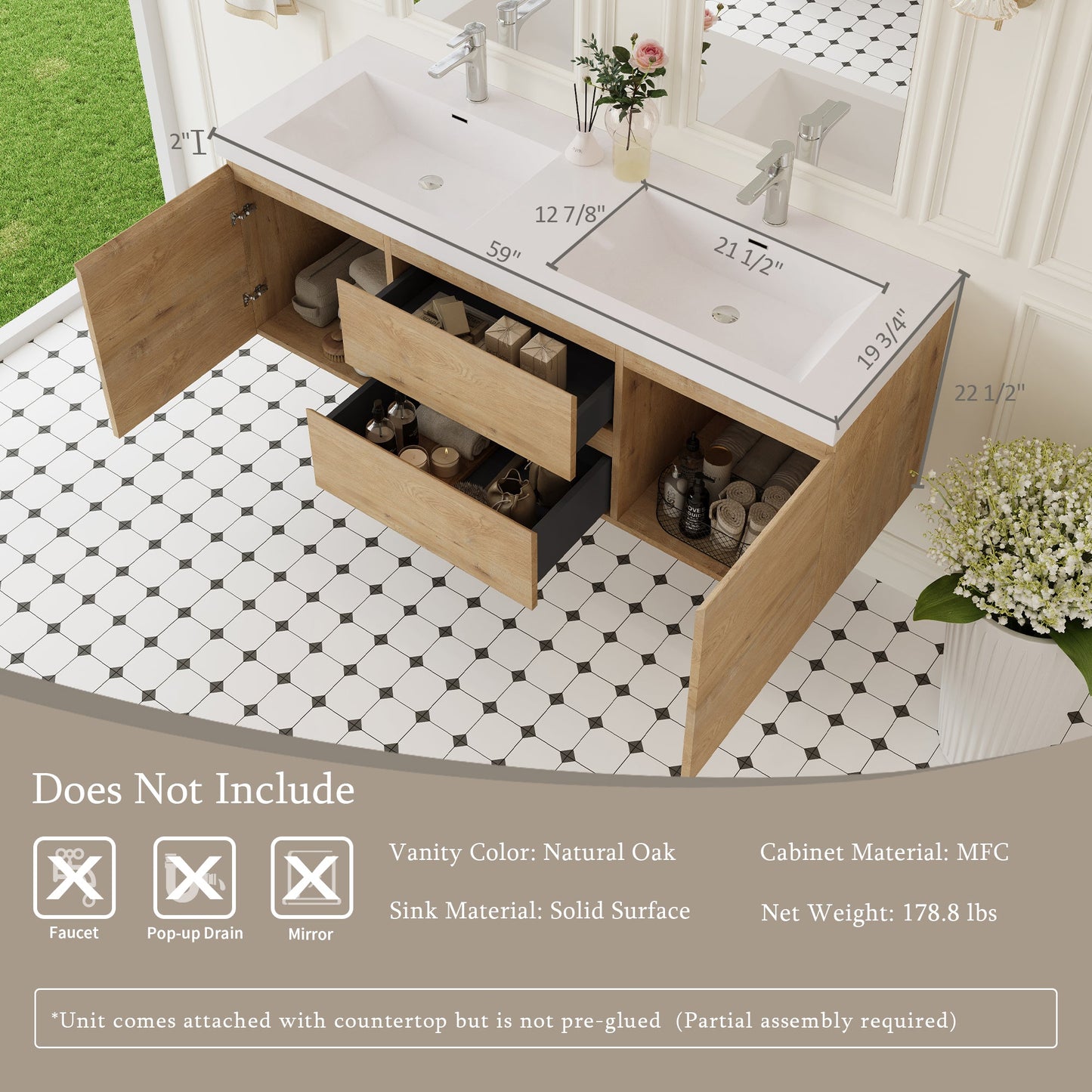 60" Angela - Floating Bathroom Vanity Double Sink Natural Oak V11-60DNO