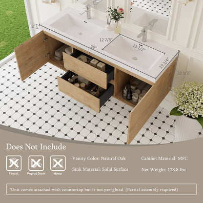 60" Angela - Floating Bathroom Vanity Double Sink Natural Oak V11-60DNO