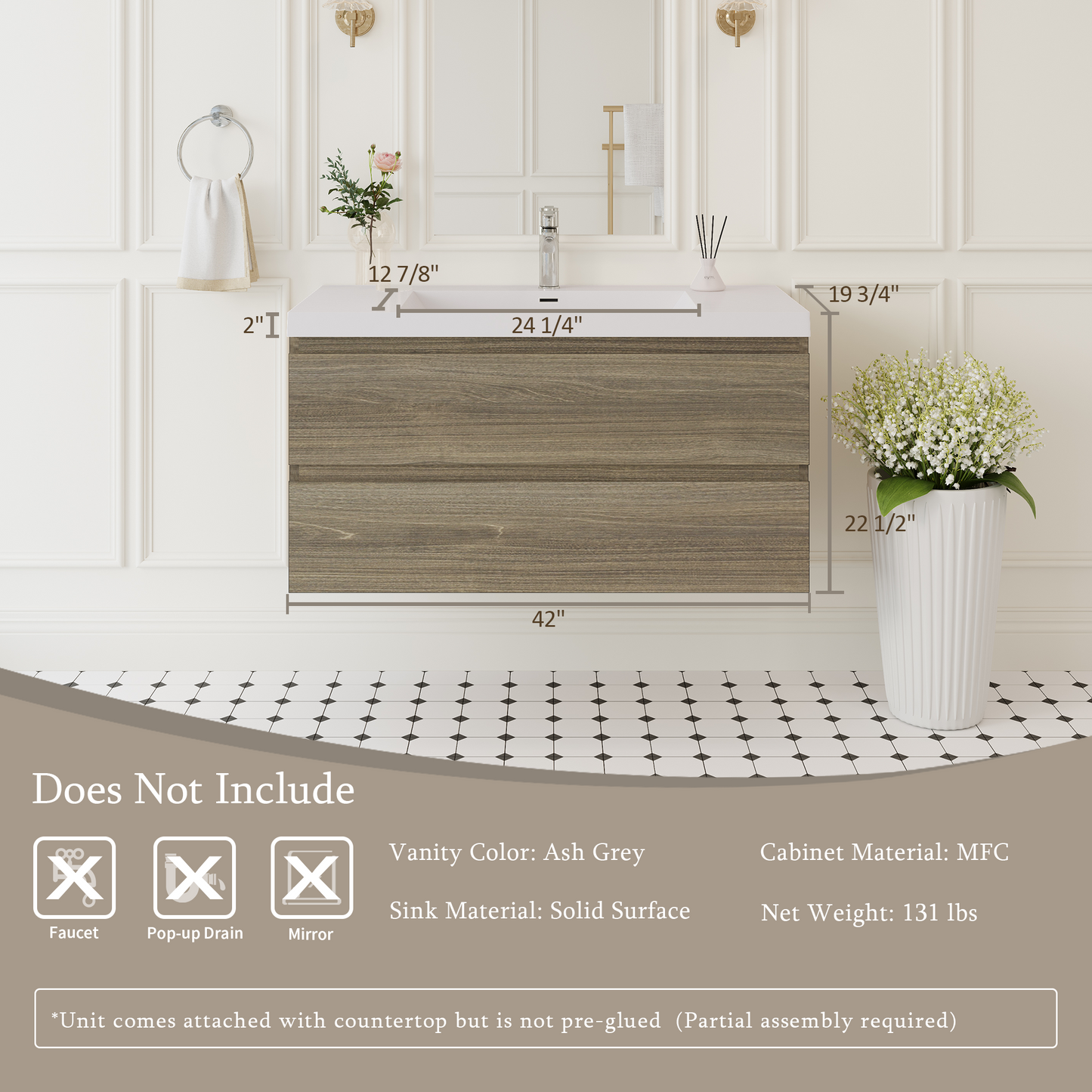 42" Angela - Floating Bathroom Vanity Ash Grey V11-42AG