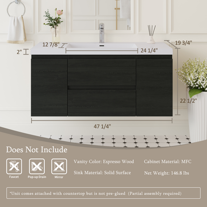48" Angela - Floating Bathroom Vanity Espresso Wood V11-48EW