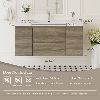 48" Angela - Floating Bathroom Vanity Ash Grey V11-48AG