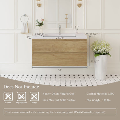 42" Angela - Floating Bathroom Vanity Natural Oak V11-42NO