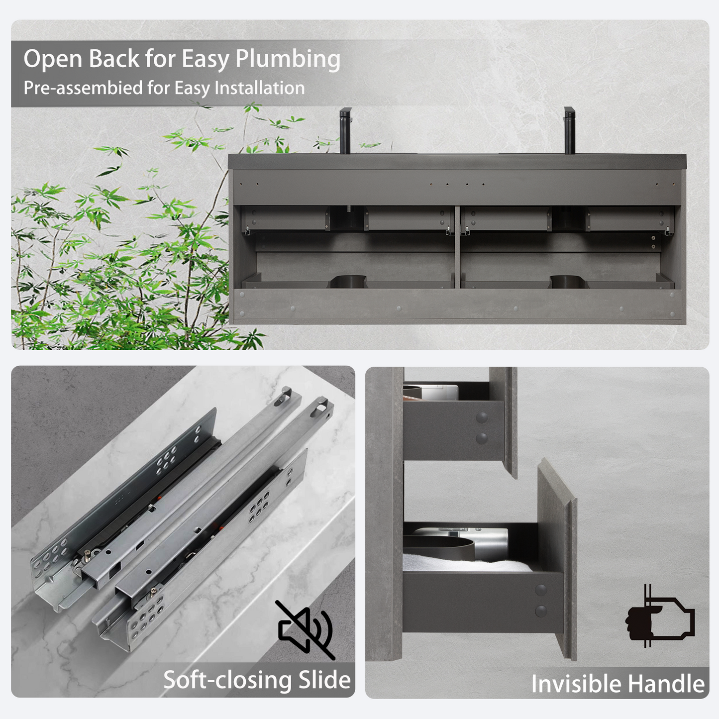 60" Edi - Modern Wall-mounted Bathroom Vanity V12-60GR