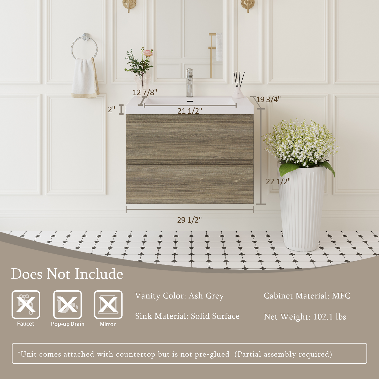 30" Angela - Floating Bathroom Vanity Ash Grey V11-30AG