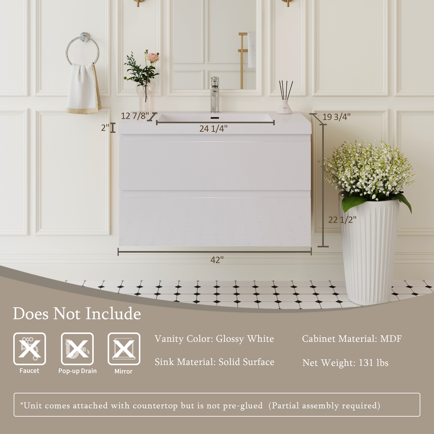 42" Angela - Floating Bathroom Vanity Glossy White V11-42GW