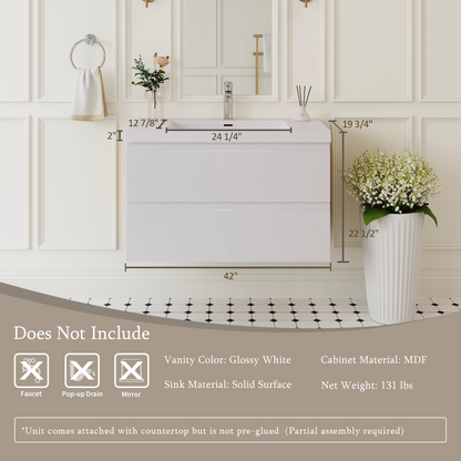 42" Angela - Floating Bathroom Vanity Glossy White V11-42GW