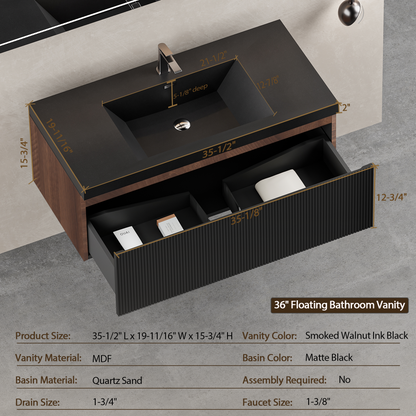 36" Liner - Floating Bathroom Vanity, Smoked Walnut & lnk Black V16-36WAB