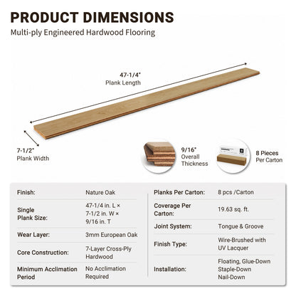 9/16" T x 7-1/2" W Multilayer Engineered Flooring T&G (19.63 Sq. Ft.), Nature Oak F01-NO