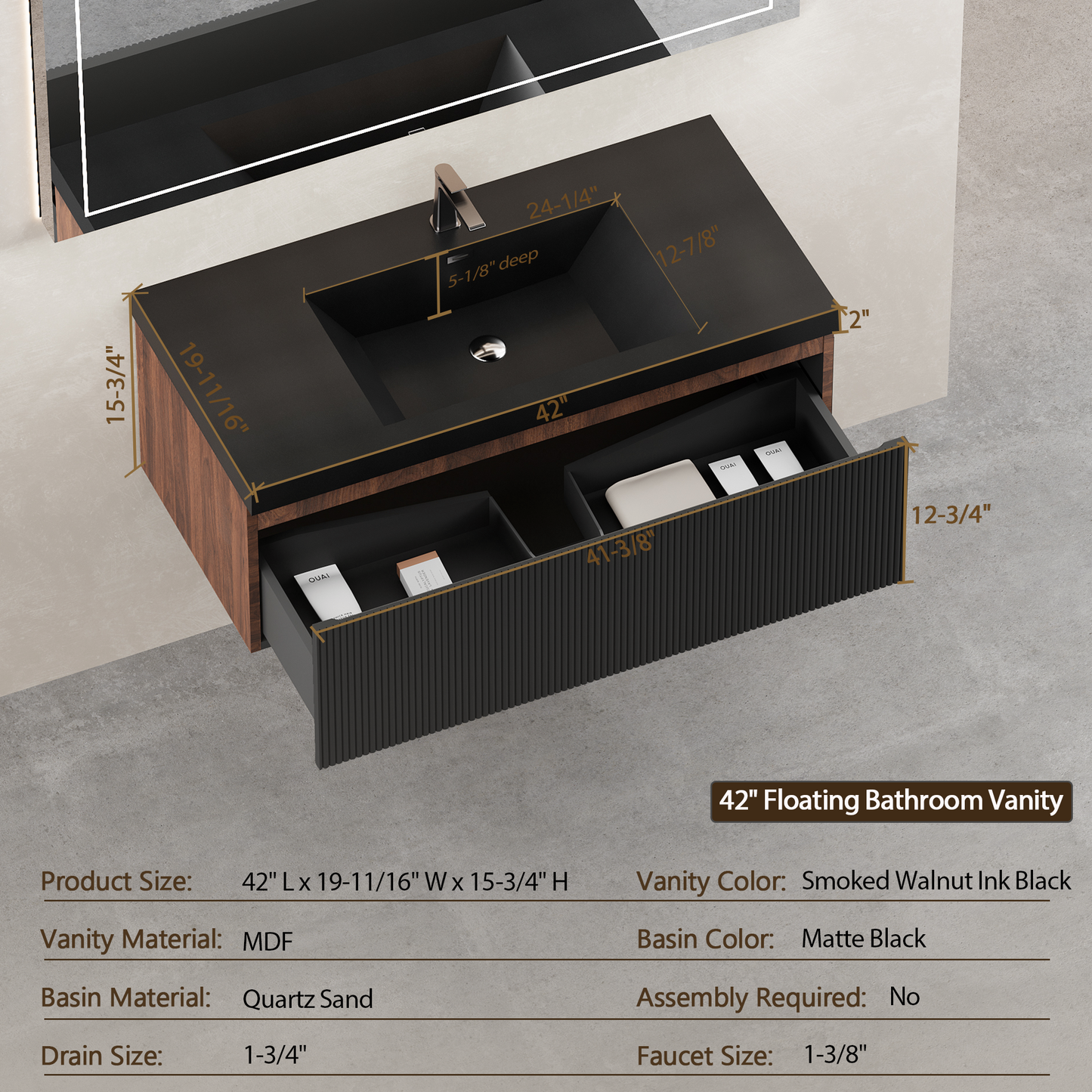 42" Liner - Floating Bathroom Vanity Smoked Walnut & lnk Black V16-42WAB