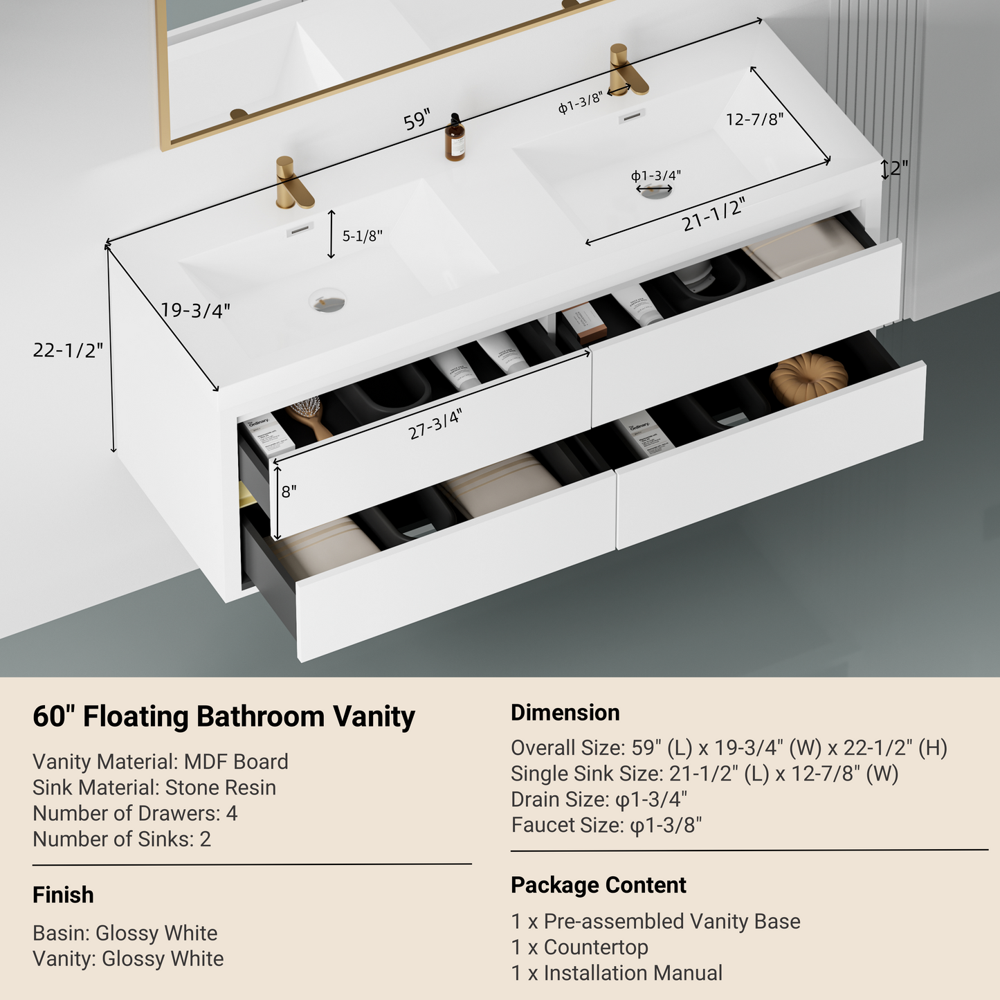 60" Aurelia - Floating Bathroom Vanity, Glossy White V15-60DGW