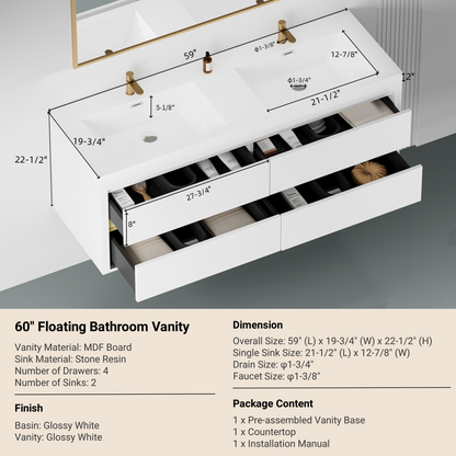 60" Aurelia - Floating Bathroom Vanity, Glossy White V15-60DGW