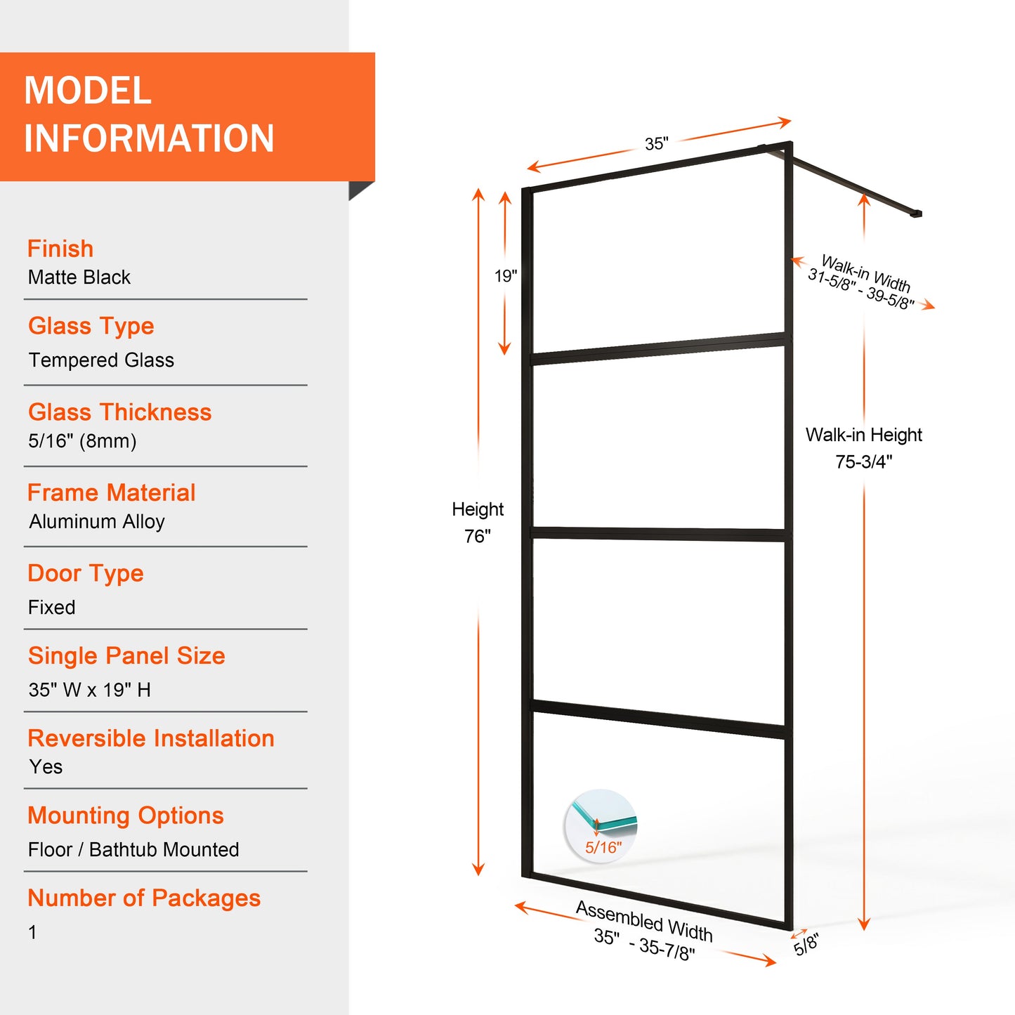 36" W × 76" H Framed Fixed Shower Screen 5/16" (8mm) Tempered Glass, Matte Black D07-36