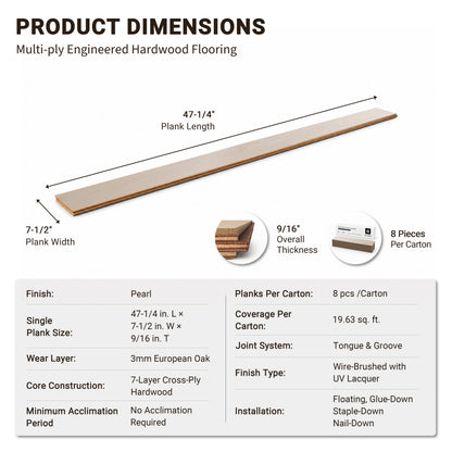 9/16" T x 7-1/2" W Multilayer Engineered Flooring T&G (19.63 Sq. Ft.), Pearl F01-PR