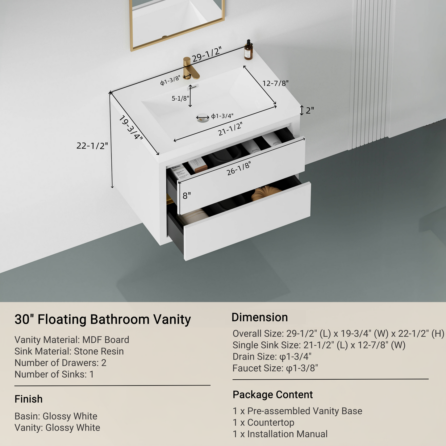 30" Aurelia - Floating Bathroom Vanity, Glossy White V15-30GW