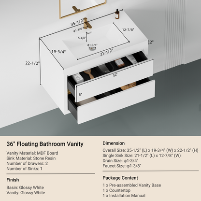 36" Aurelia - Floating Bathroom Vanity, Glossy White V15-36GW