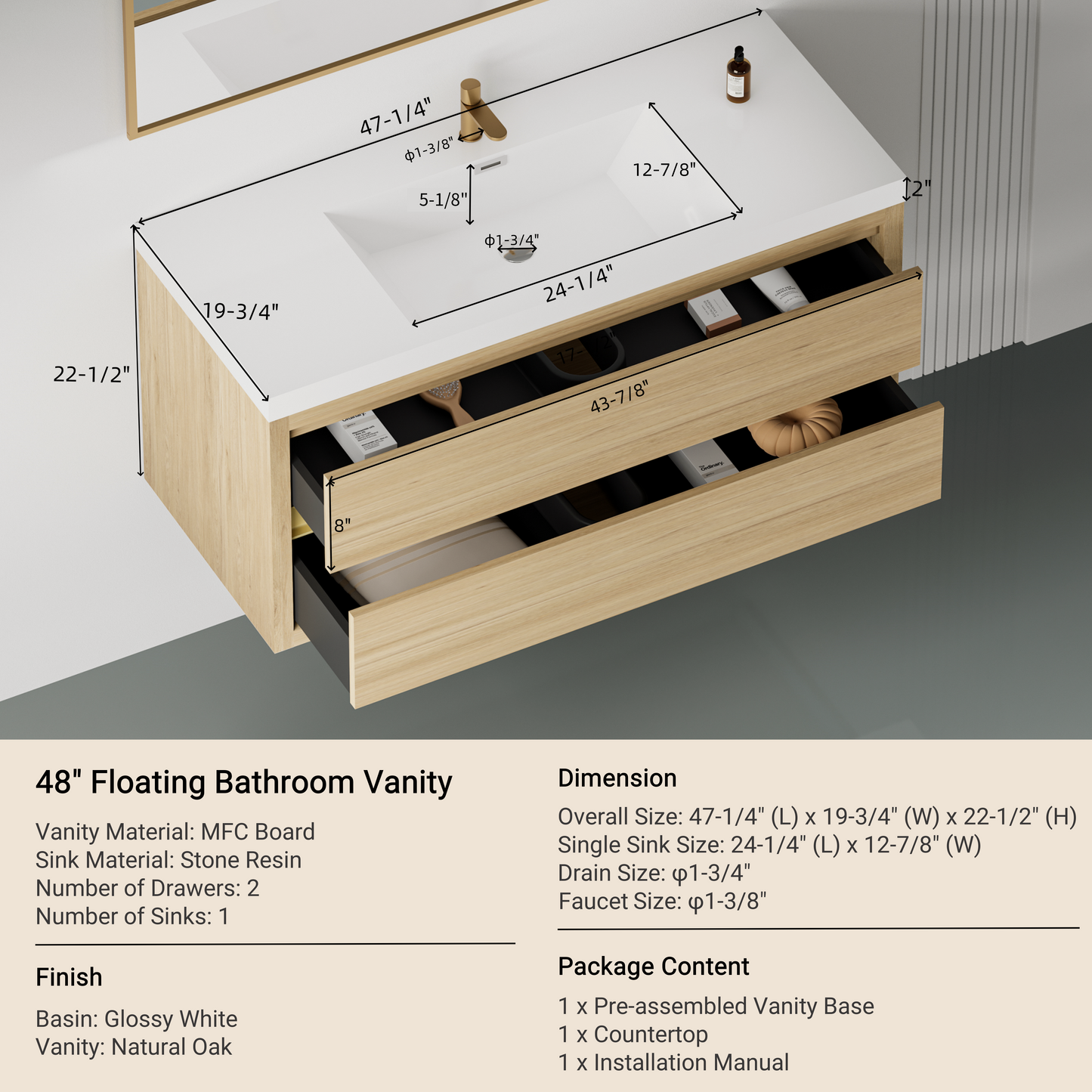 48" Aurelia - Floating Bathroom Vanity, Natural Oak V15-48NO