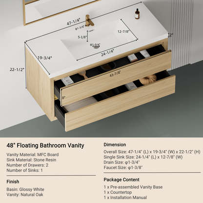 48" Aurelia - Floating Bathroom Vanity, Natural Oak V15-48NO