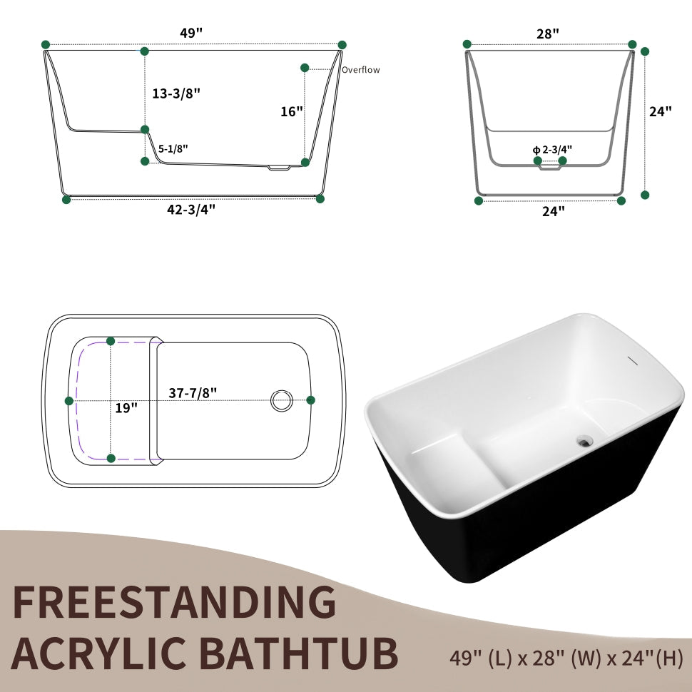 49" Acrylic Freestanding Japanese Sit-in Soaking Bathtub, Glossy Black AMA-49B