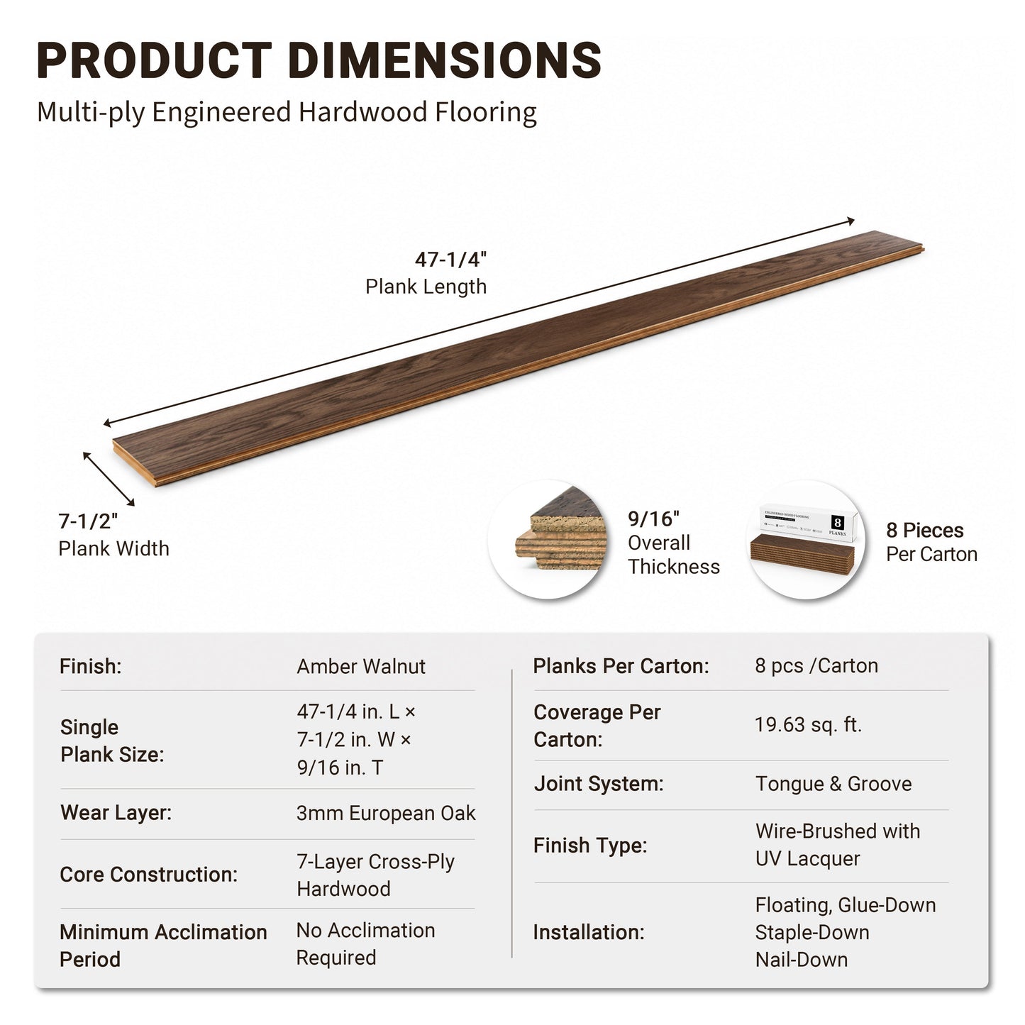 9/16" T x 7-1/2" W Multilayer Engineered Flooring T&G (19.63 Sq. Ft.), Amber Walnut F01-AW