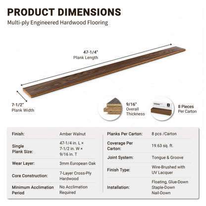 9/16" T x 7-1/2" W Multilayer Engineered Flooring T&G (19.63 Sq. Ft.), Amber Walnut F01-AW
