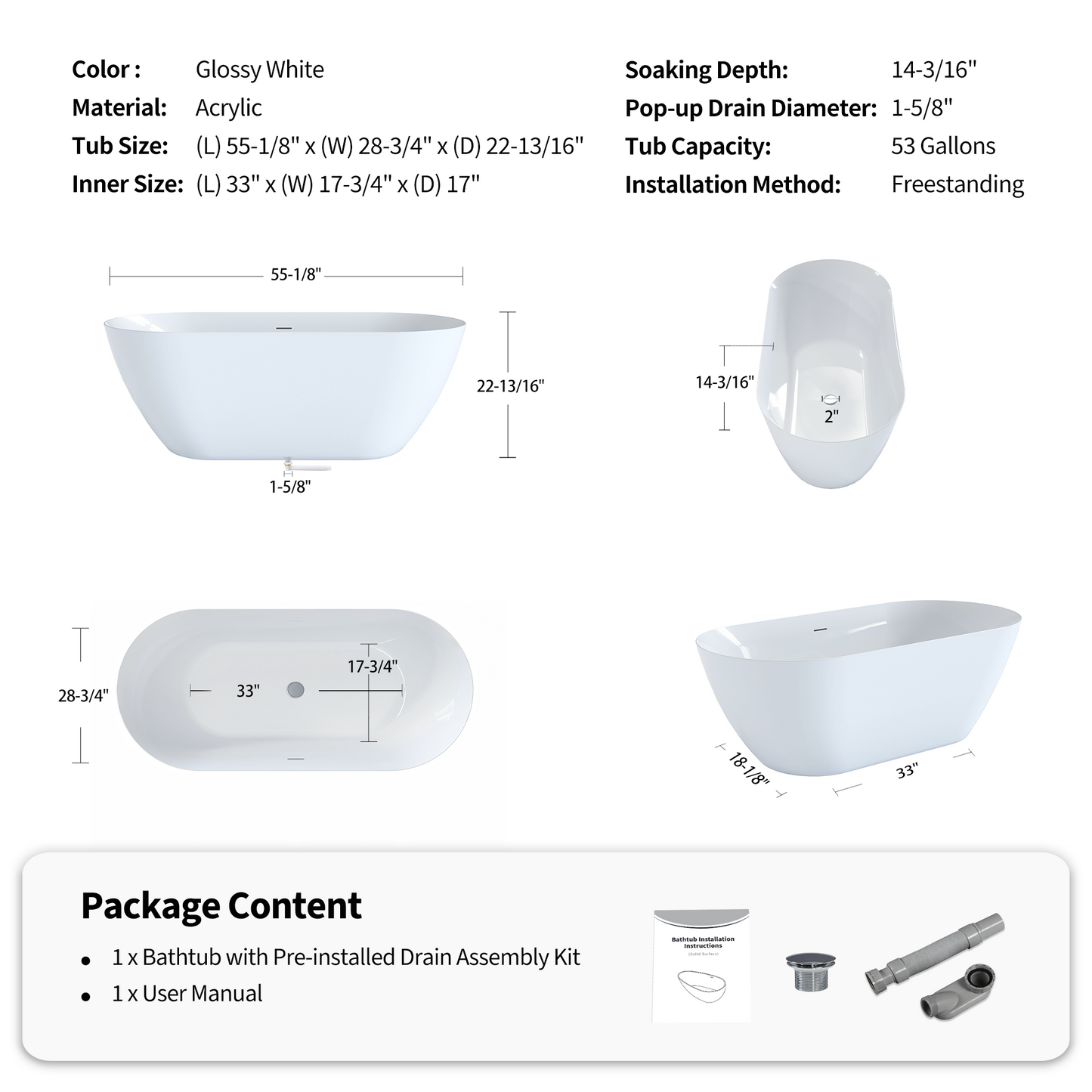 55"/60"/63" Minimalist Oval Acrylic Freestanding Soaking Bathtub, Glossy White A09