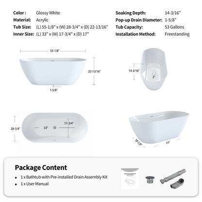 55"/60"/63" Minimalist Oval Acrylic Freestanding Soaking Bathtub, Glossy White A09
