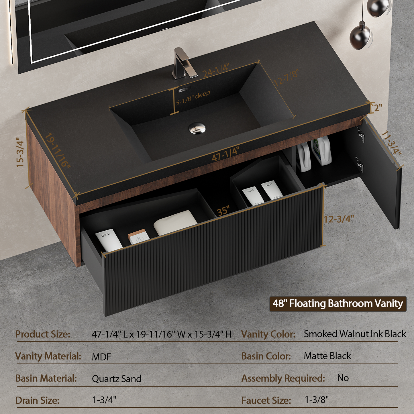 48" Liner - Floating Bathroom Vanity, Smoked Walnut & lnk Black V16-48WAB