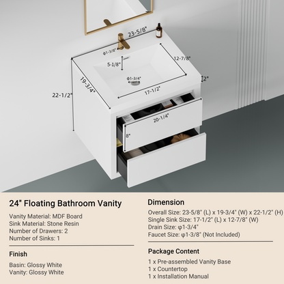 24" Aurelia - Floating Bathroom Vanity, Glossy White V15-24GW