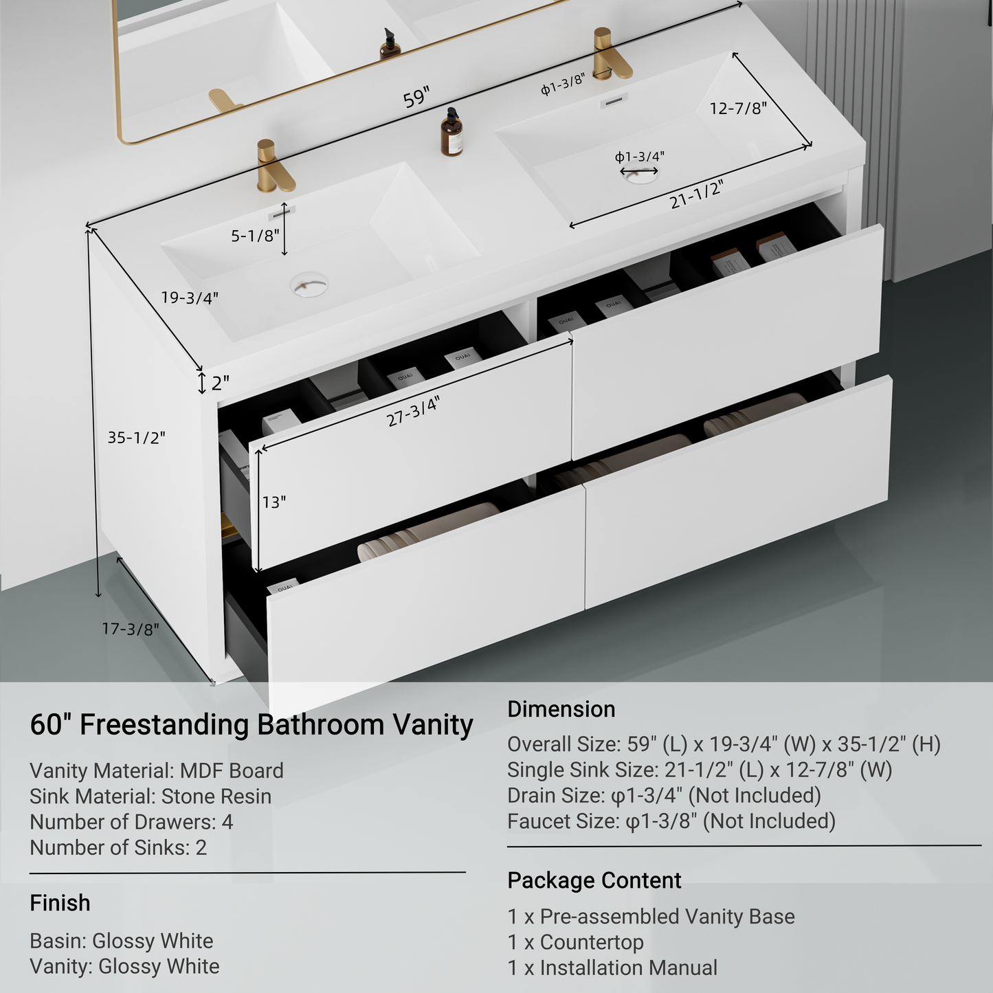 60" Aurelia - Freestanding Bathroom Vanity, Glossy White V14-60DGW