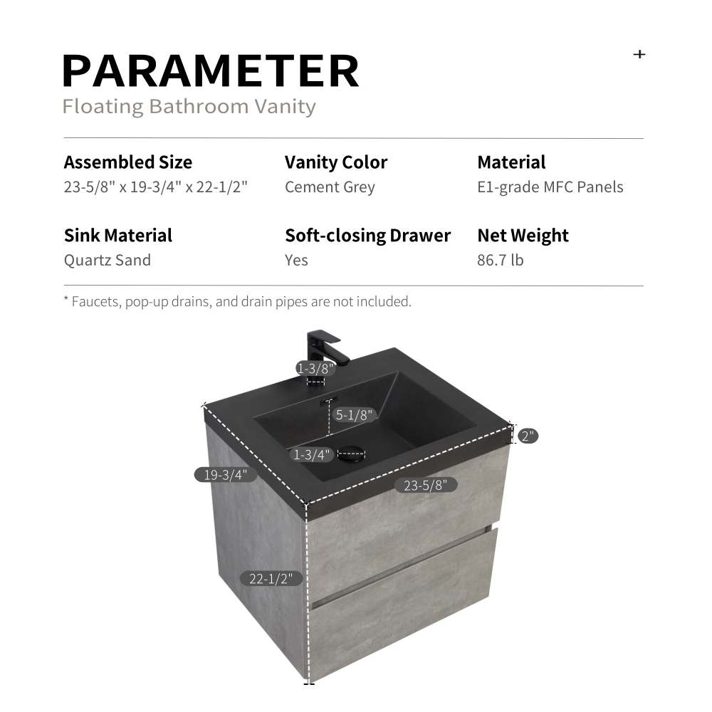 24" Edi - Modern Wall-mounted Bathroom Vanity V12-24GR
