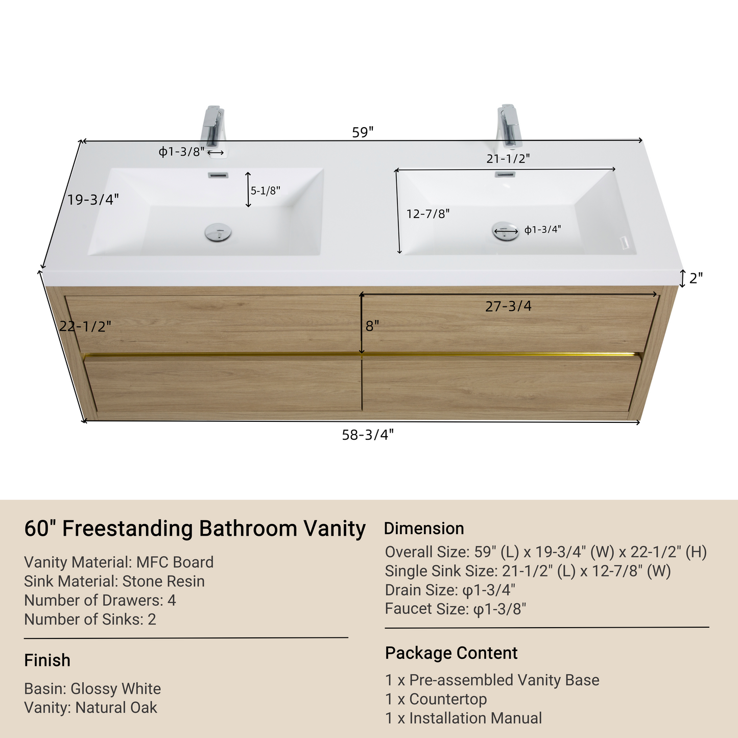 60" Aurelia - Floating Bathroom Vanity, Natural Oak V15-60DNO