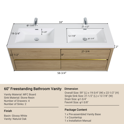 60" Aurelia - Floating Bathroom Vanity, Natural Oak V15-60DNO
