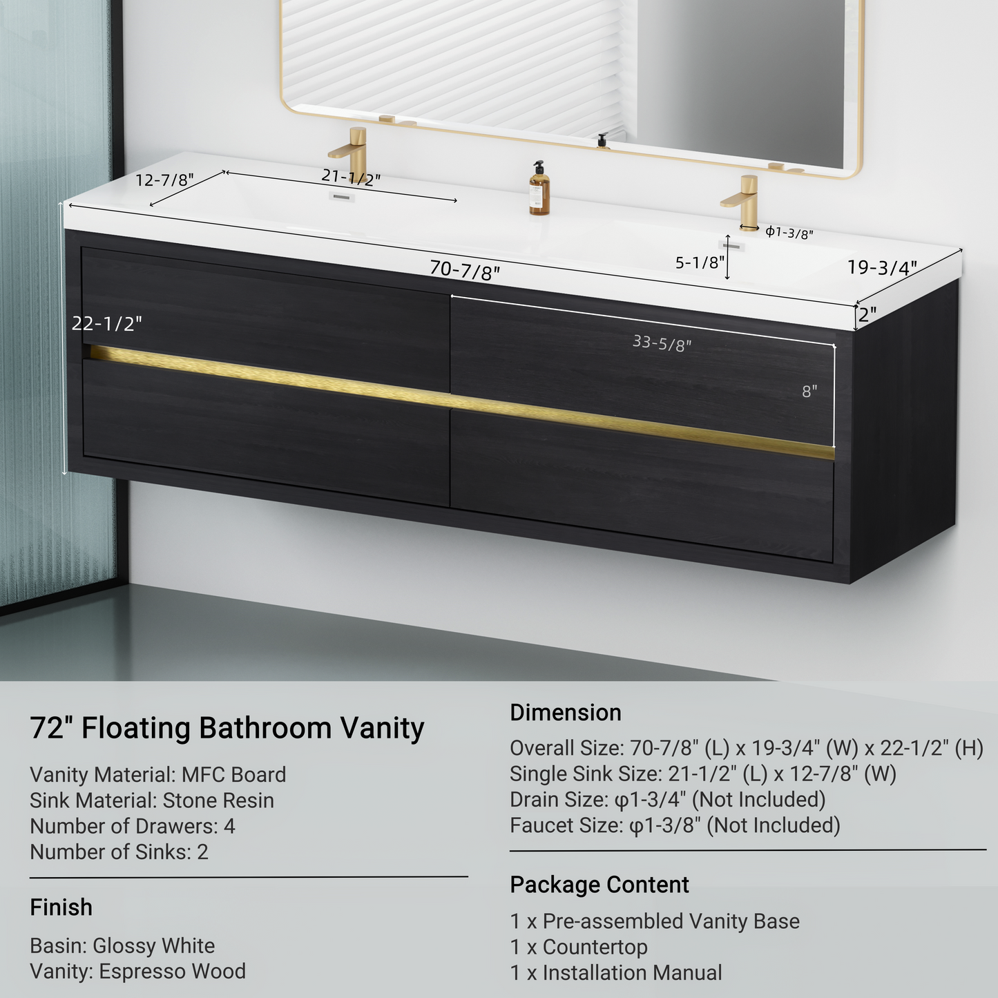 72" Aurelia - Floating Bathroom Vanity Espresso Wood V15-72EW