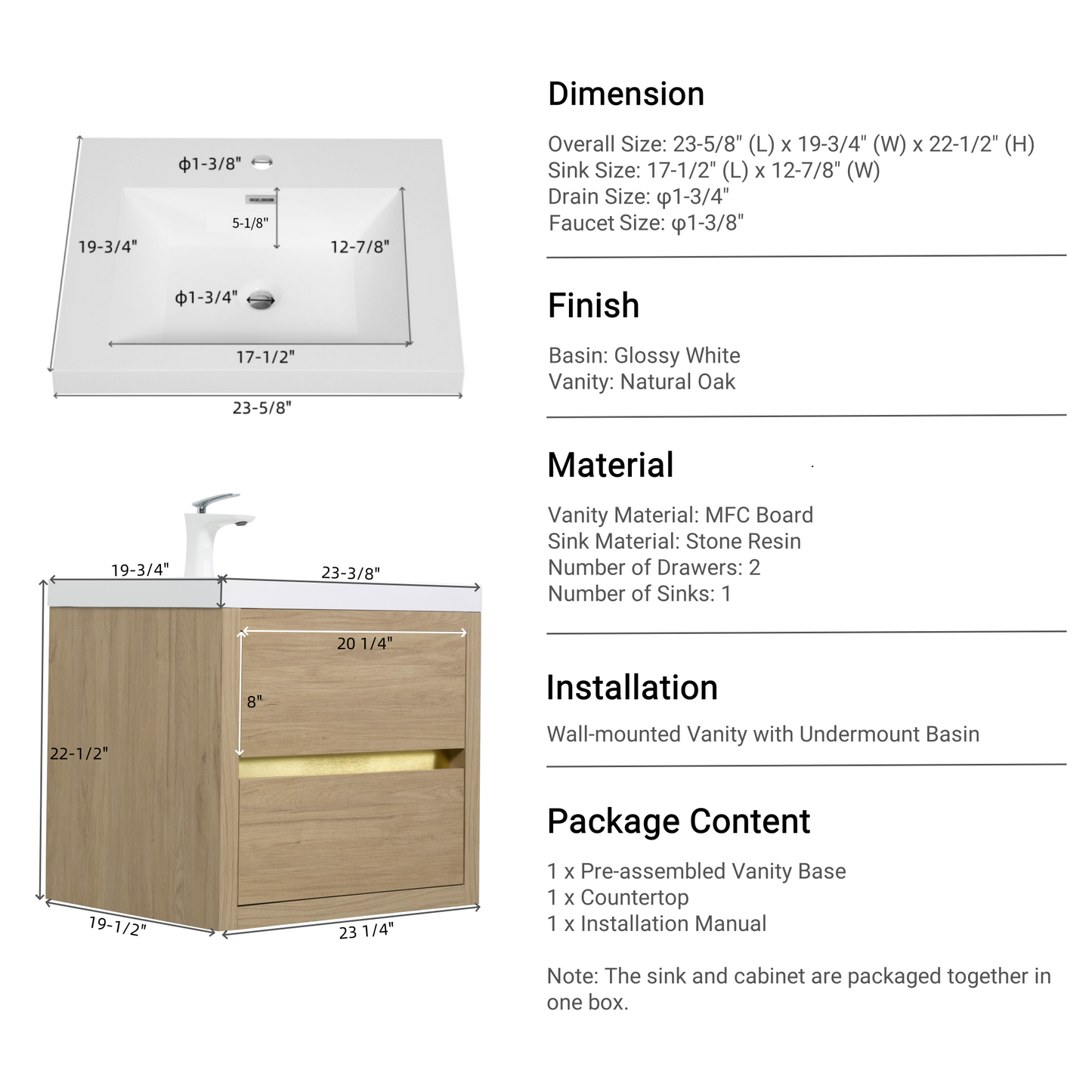 24" Aurelia - Floating Bathroom Vanity, Natural Oak V15-24NO