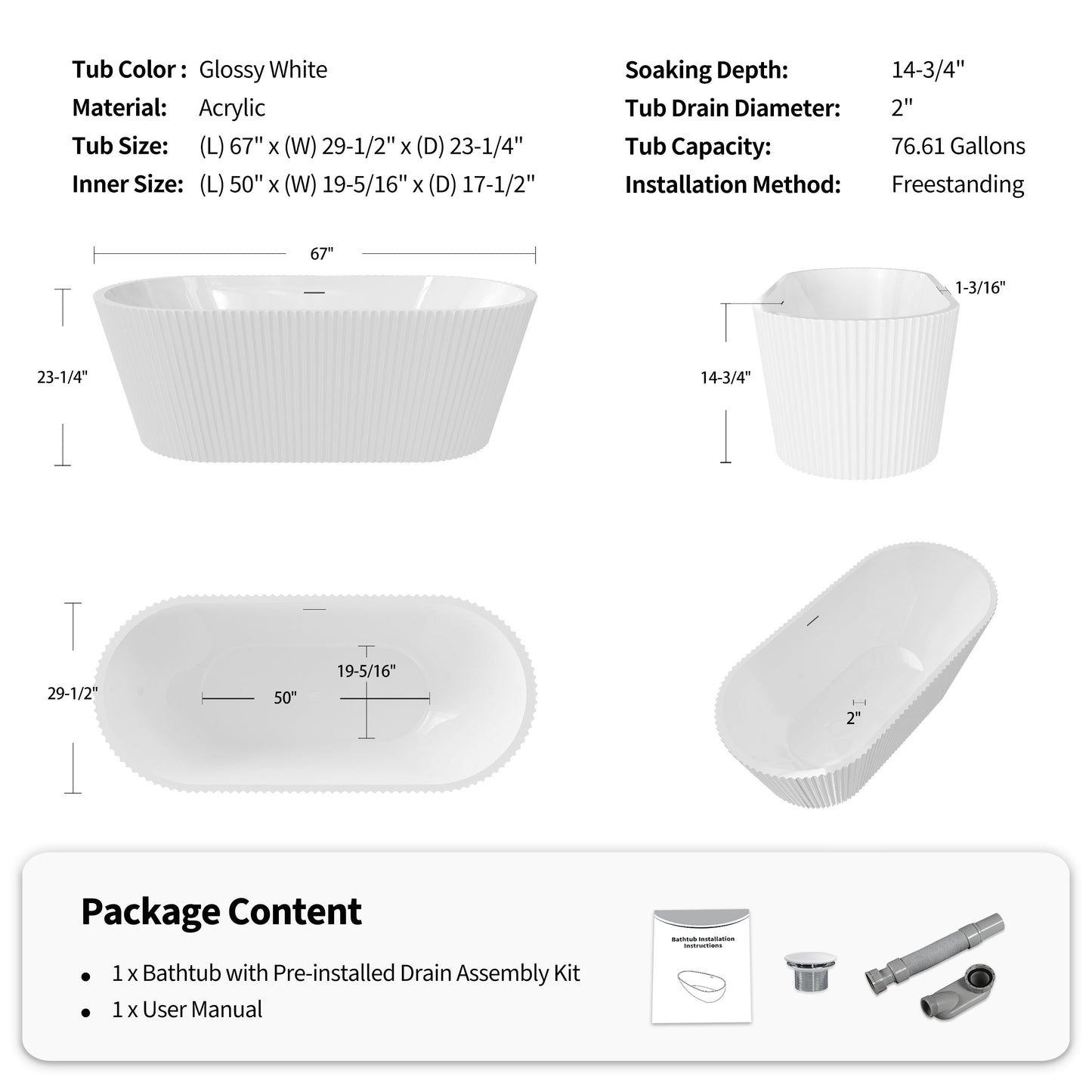 67" Fluted Acrylic Freestanding Soaking Bathtub, Glossy White A13