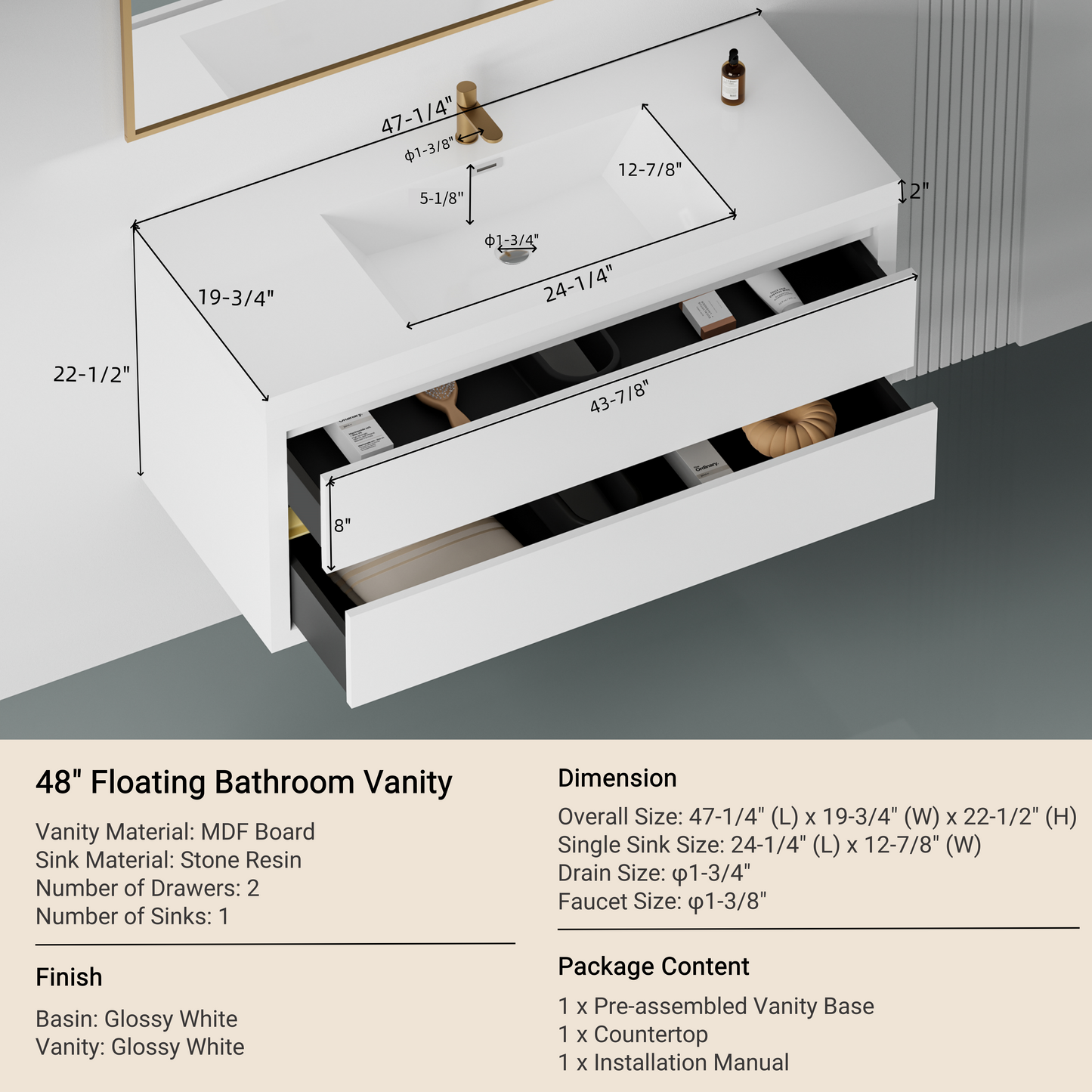 48" Aurelia - Floating Bathroom Vanity, Glossy White V15-48GW